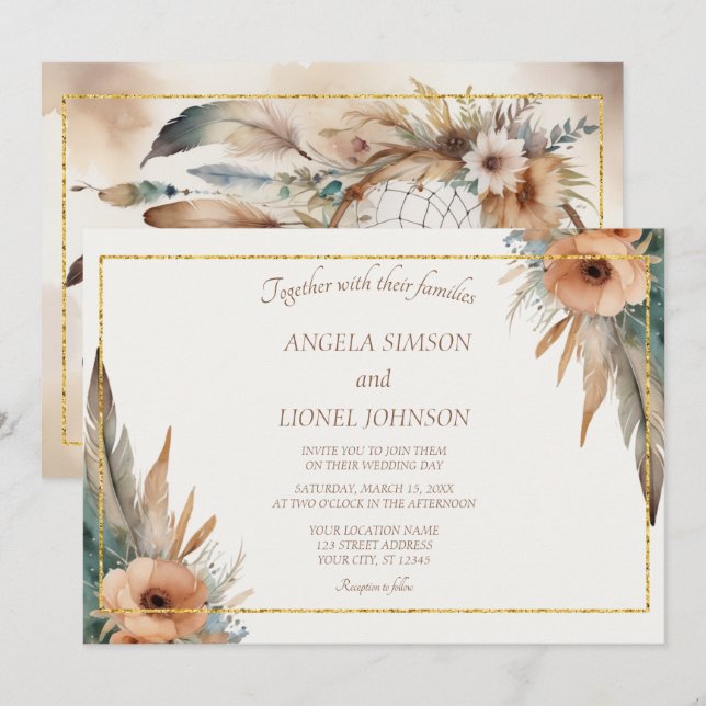 Boho Floral Feather Dreamcatcher Wedding Einladung (Vorne/Hinten)