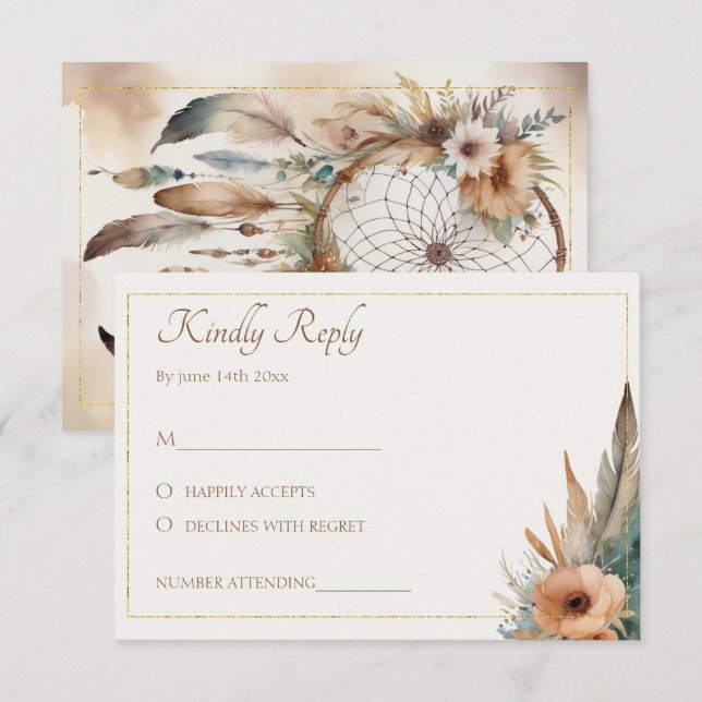 Boho Floral Feather Dreamcatcher Wedding RSVP (Vorne/Hinten)