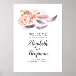 Boho Floral Feathers Mariage Affiche de bienvenue