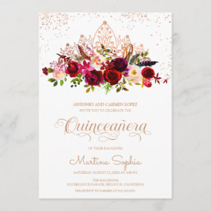Boho Floral Feathers & Rose Gold Tiara Quinceanera Einladung