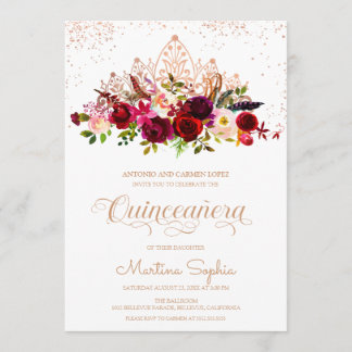Boho Floral Feathers & Rose Gold Tiara Quinceanera Einladung