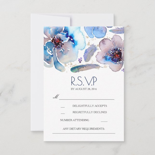 Boho Floral Feathers Watercolor Blue RSVP Card (Vorderseite)