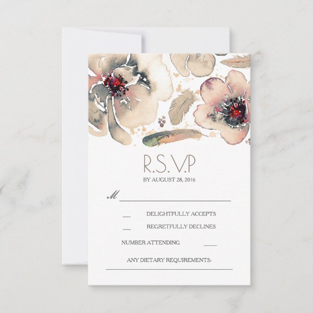Boho Floral Feathers Watercolor Ivory RSVP Card (Vorderseite)