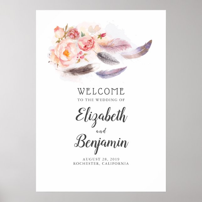 Boho Floral Feathers Wedding Welcome Sign Poster (Vorne)