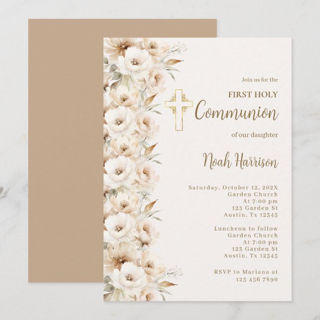 Boho Floral First Communion Boy Einladung (Vorne/Hinten)
