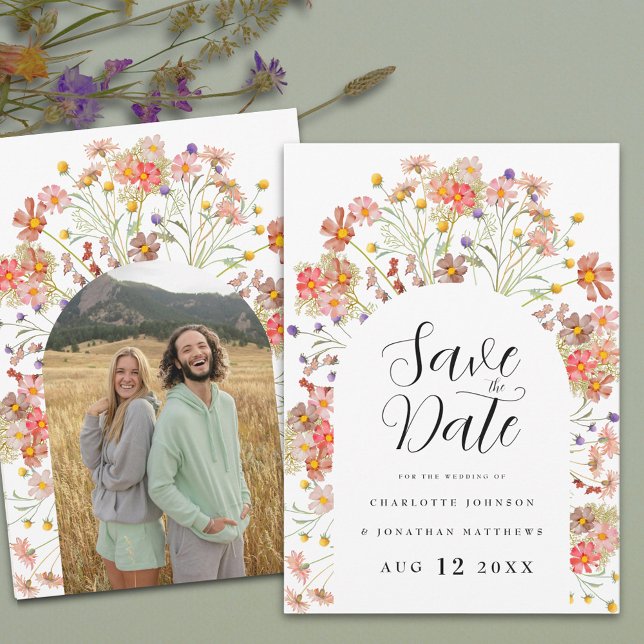 Boho Floral Foto Arch Wedding Save The Date (Boho rustic Wildflower floral arch photo Wedding save the date invitation Elegant script)