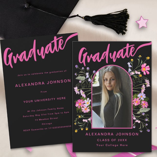 Boho Floral Foto Black and Pink Script Grad Party Einladung (Stylish boho floral graduate photo arch black and hot pink script Graduation party invitation)