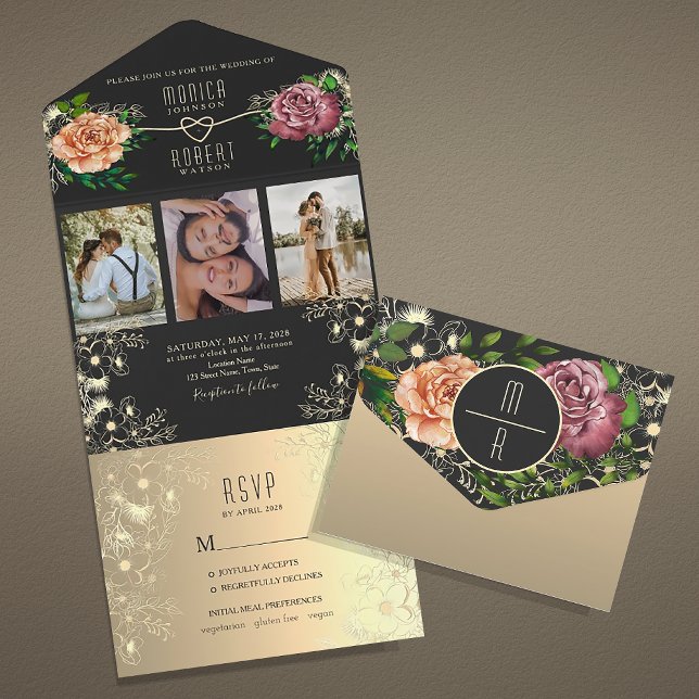 Boho Floral Foto Black Wedding All In One Einladung (Von Creator hochgeladen)
