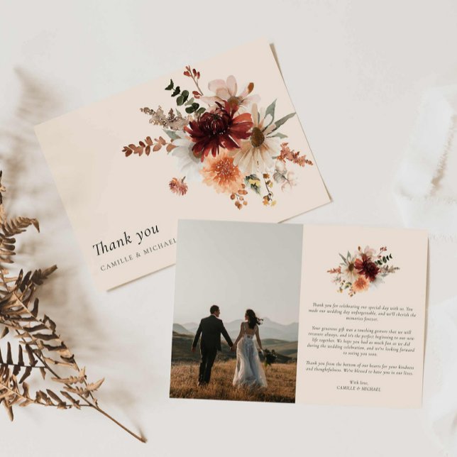 Boho Floral Foto Wedding Danke Karte (Burgundy Floral Boho Wedding Thank you Card)