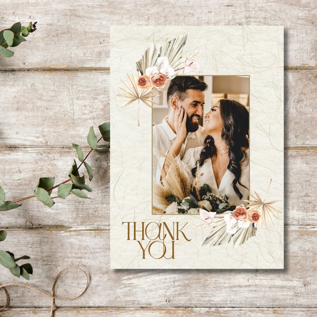 Boho Floral Foto Wedding Dankeschön Card Dankeskarte (Boho Floral Photo Wedding Thank You Card)