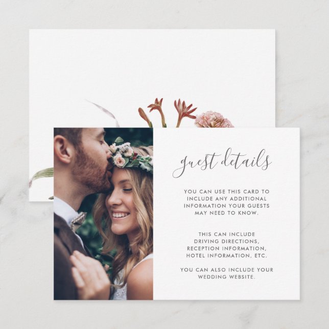 Boho Floral Foto Wedding Guest Details Begleitkarte (Vorne/Hinten)