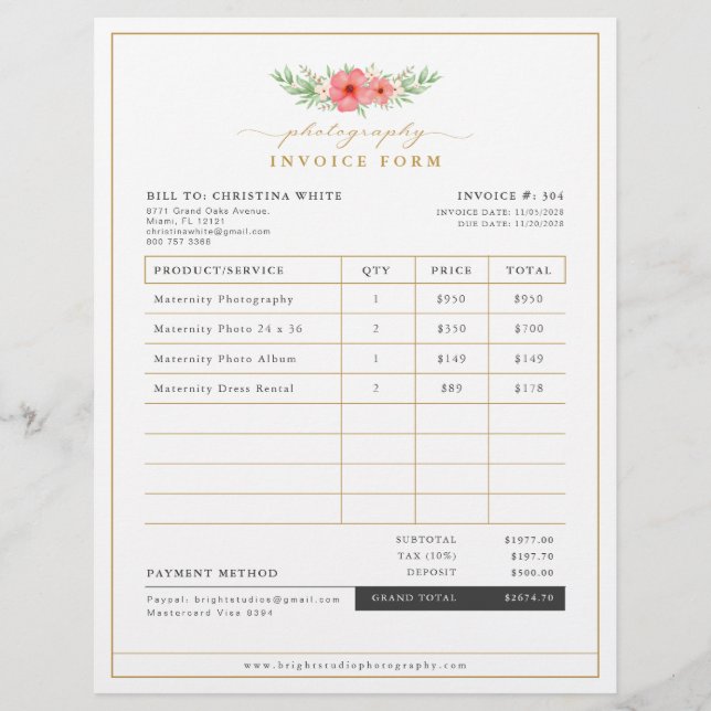 Boho Floral Fotografy Business Invoice Form Flyer (Vorne)
