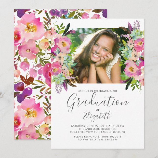 Boho Floral Frame Photo Graduation Invitation (Devant / Derrière)