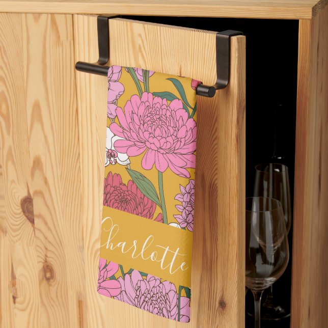 Boho Floral Garden Gelber Personalisierter Name Geschirrtuch (Drittel gefaltet)