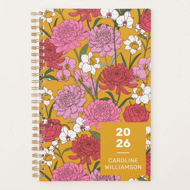 Boho Floral Garden Gelber Personalisierter Name Planer (Vorderseite)