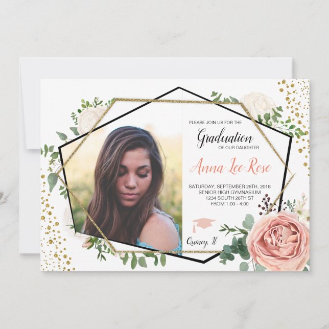 Boho Floral Geometrique Gold Graduation Invitation (Devant)