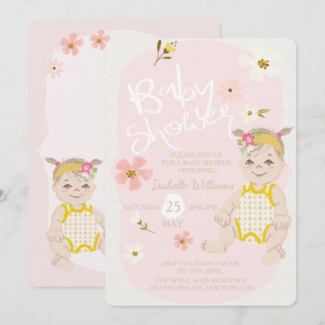 Boho Floral Girl Einladung Pink Baby Dusche (Vorne/Hinten)