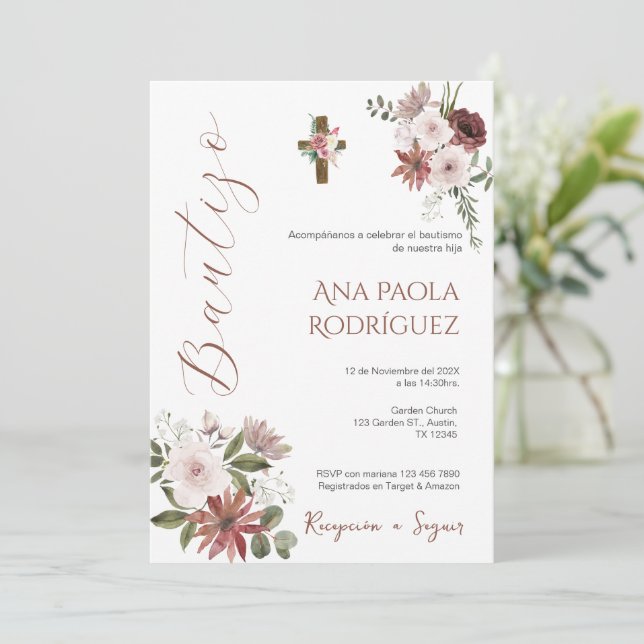 Boho Floral Girl Taufe Einladung (Stehend Vorderseite)