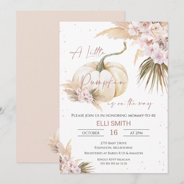 Boho Floral Girls Little Pumpkin Baby Shower Invit Einladung (Vorne/Hinten)