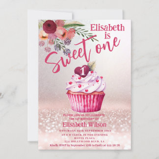 Boho floral Girly cupcake Rose Goldglitterie Einladung