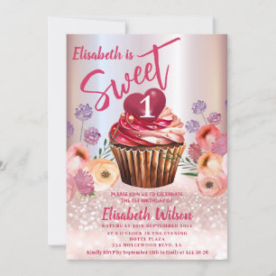 Boho floral Girly cupcake Rose Goldglitterie Einladung