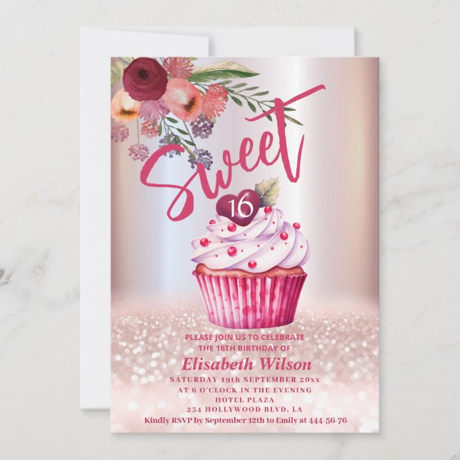 Boho floral Girly cupcake Rose Goldglitterie Einladung (Vorderseite)