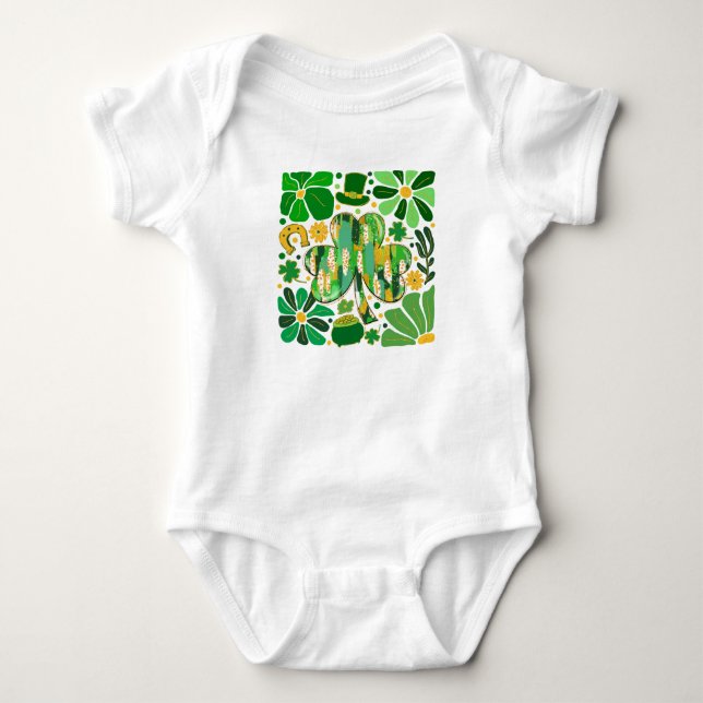 Boho Floral Glitzer St Patrick Day Kleeblatt Baby Strampler (Vorderseite)