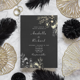 Boho Floral Gold Black and White Wedding Einladung