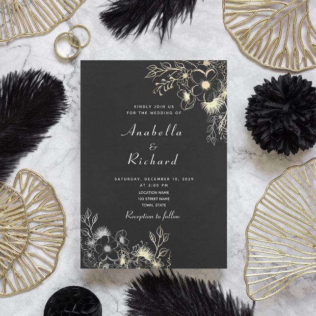Boho Floral Gold Black and White Wedding Einladung (Von Creator hochgeladen)