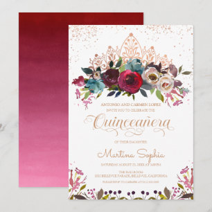 Boho Floral & Gold Tiara Quinceanera Einladung