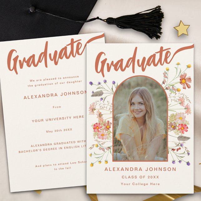 Boho Floral Graduate Foto Burnt Orange Script Ankündigung (Boho floral graduate photo burnt orange script graduation announcement card watercolor wildflowers )