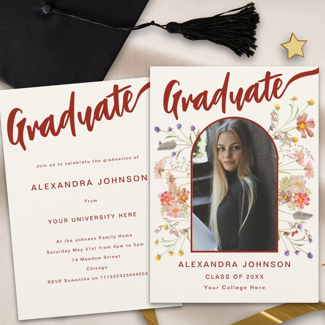 Boho Floral Graduate Foto Script Graduation Party Einladung (Boho floral burnt orange script graduate photo arch graduation  party invitation wildflowers)