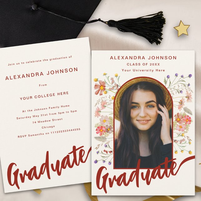 Boho Floral Graduate Foto Script Graduation Party Einladung (Boho floral burnt orange script graduate photo arch Graduation party invitation)