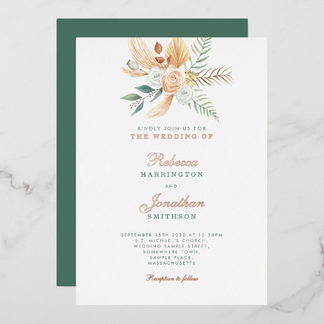 Boho Floral Green Gold Bronze Wedding Folieneinladung (Vorderseite/Rückseite)