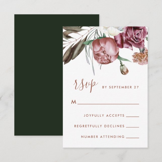 Boho Floral Green Moderne Skripthochzeit RSVP Karte (Vorne/Hinten)