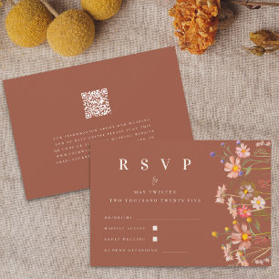 Boho Floral Herbst Terrakotta Beige QR-Code Hochze RSVP Karte