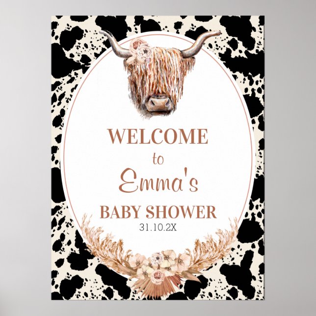 Boho Floral Highland Baby shower de vache Affiche  (Devant)