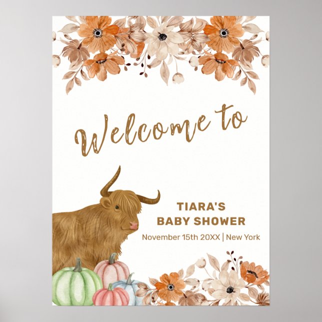 Boho Floral Highland Cow Baby Dusche Willkommen Poster (Vorne)