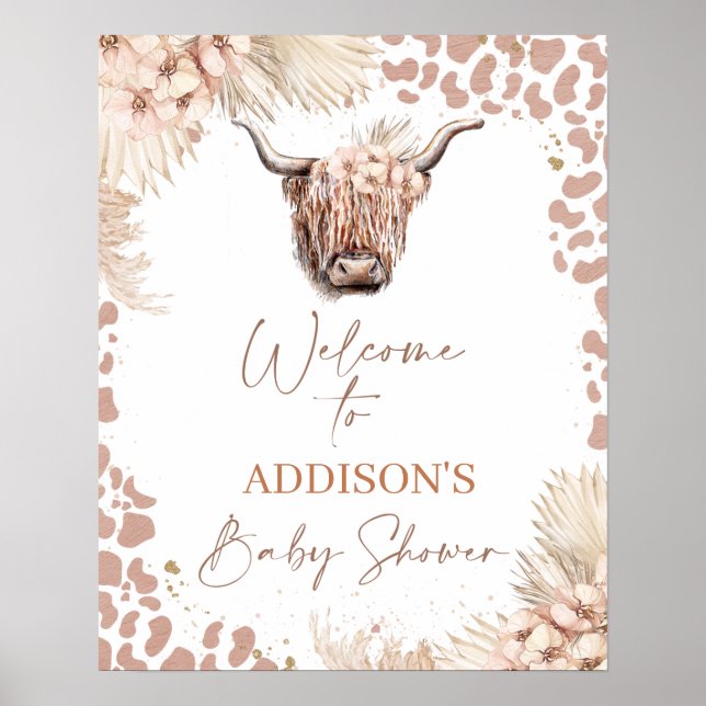 Boho Floral Highland Cow Baby Dusche Willkommen Poster (Vorne)