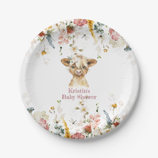 Boho Floral Highland Cow Pappteller (Vorderseite)