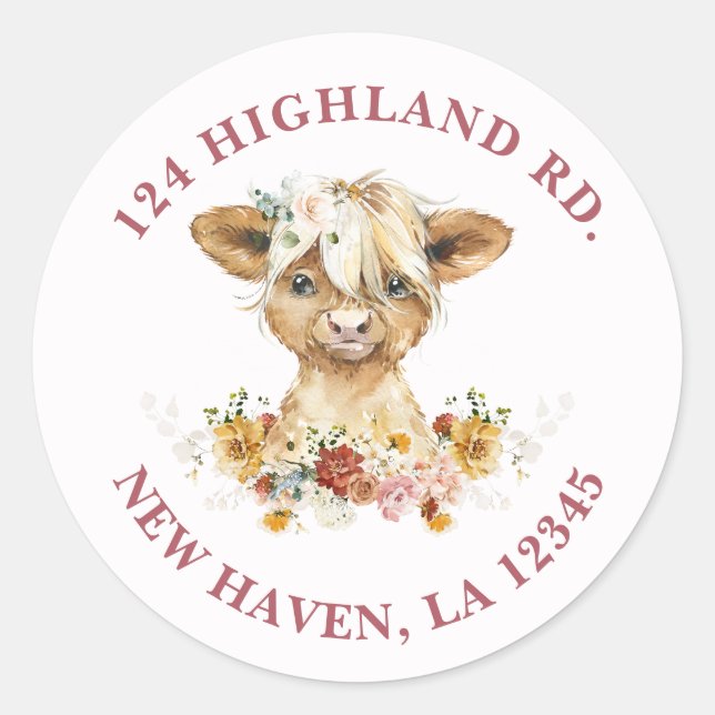 Boho Floral Highland Cow Rücksendeadresse Runder Aufkleber (Vorderseite)