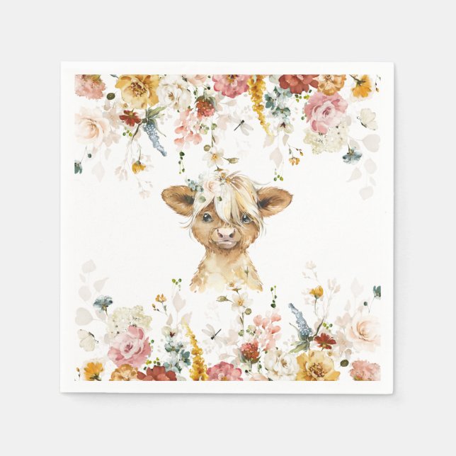 Boho Floral Highland Cow Serviette (Vorderseite)