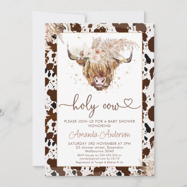 Boho Floral Highland Heart Text Baby Dusche Einladung (Vorderseite)