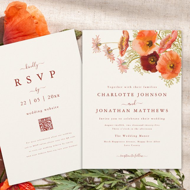 Boho Floral Hochzeit im Herbst Einladung (Elegant floral bouquet fall wedding invitation with burnt orange script and qr code)