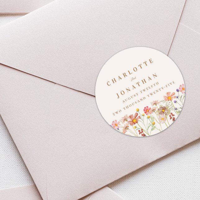 Boho Floral Hochzeit im Herbst Runder Aufkleber (Boho fall rustic Wildflower floral custom Wedding sticker watercolor flowers elegant modern)