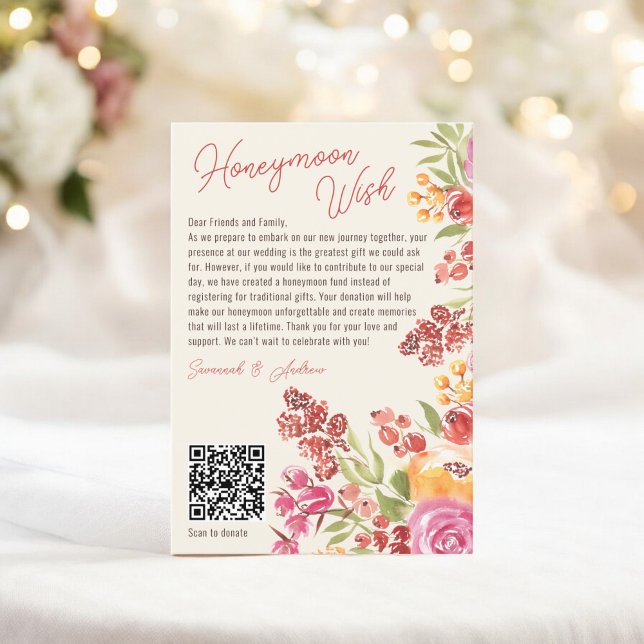 Boho Floral Honeymoon Fund QR Code Brautparty Begleitkarte (Boho Floral Honeymoon Fund QR Code Bridal Shower Enclosure Card)