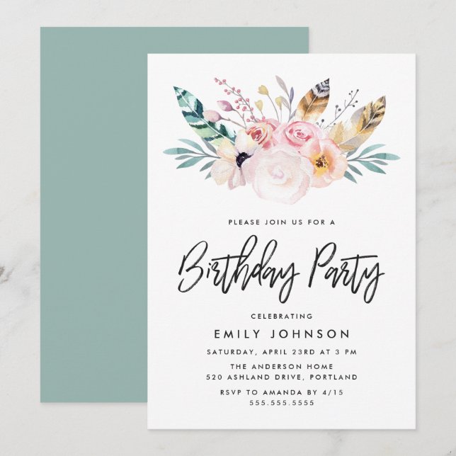 Boho Floral | Invitation de fête d'anniversaire (Devant / Derrière)