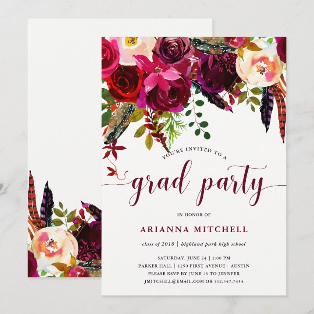 Boho Floral | Invitation de la fête de graduation (Devant / Derrière)