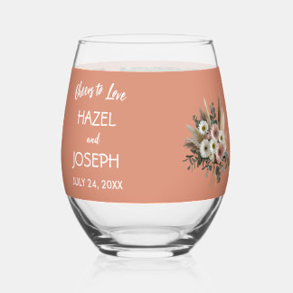 Boho Floral jubelt Liebe Personalisiert Hochzeit Weinglas Ohne Stiel