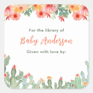 Boho-Floral-Kaktus-Baby-Bibliotheks-Exlibris Quadratischer Aufkleber
